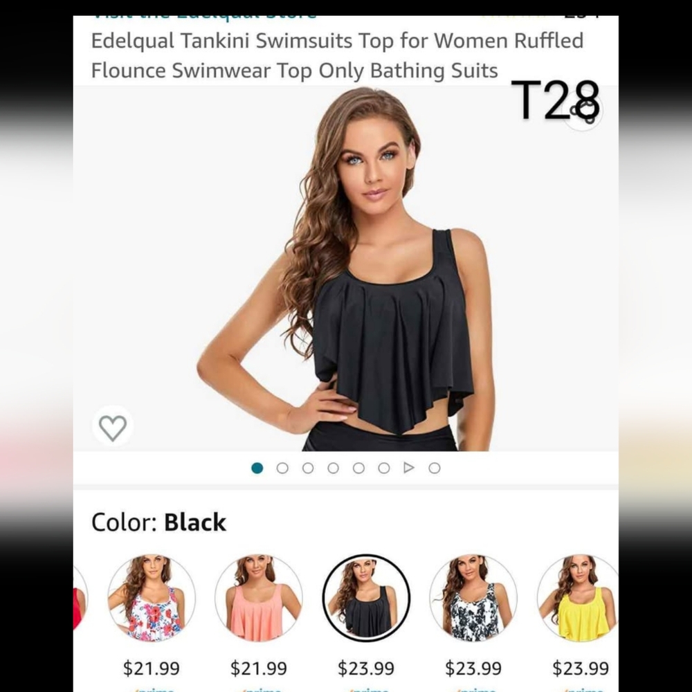 Edelqual Black Ruffled Tankini Swim Top for Women Size 6 T28